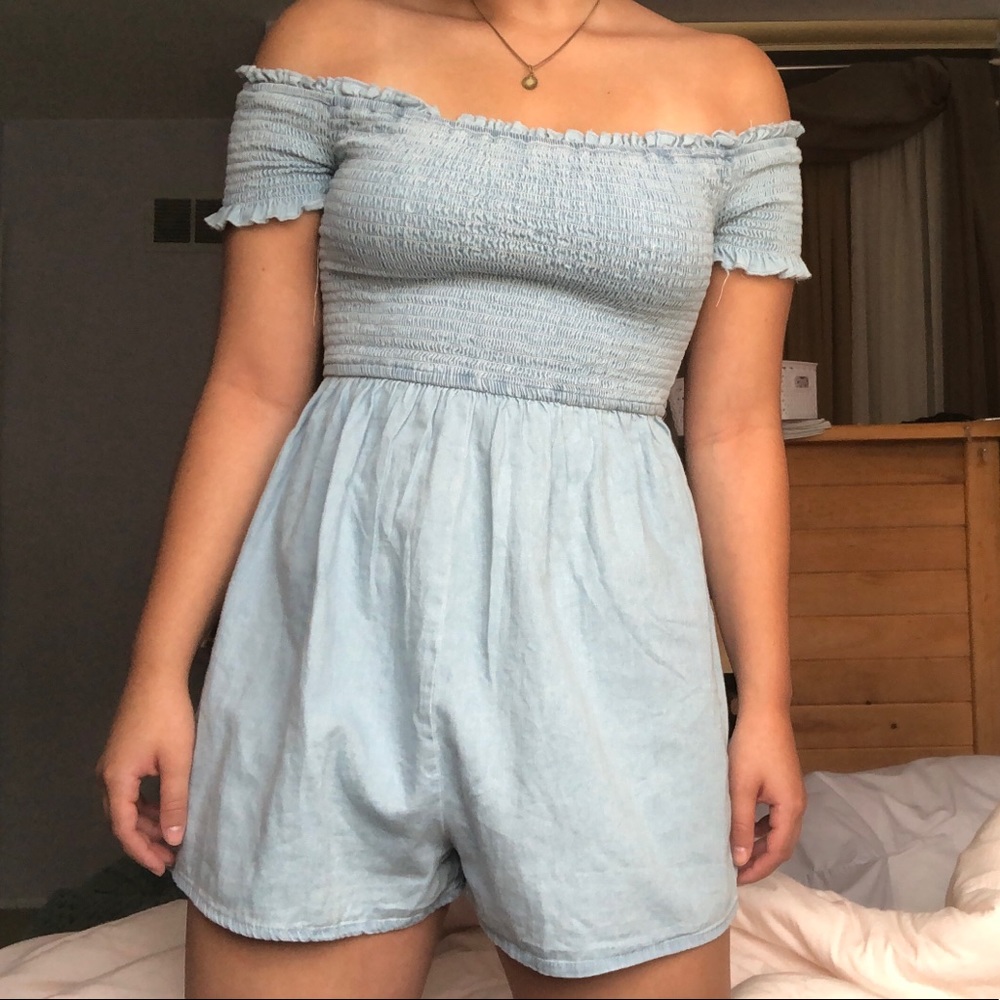 blue chambray romper
